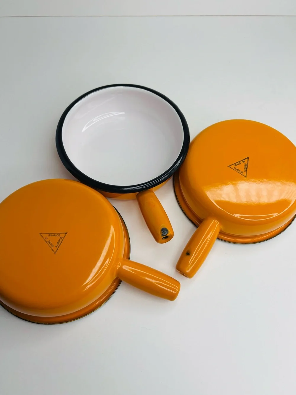 Vintage MCM AUBECQ France Orange Enameled 5” Omelet Skillet or Saucepan Set of 3